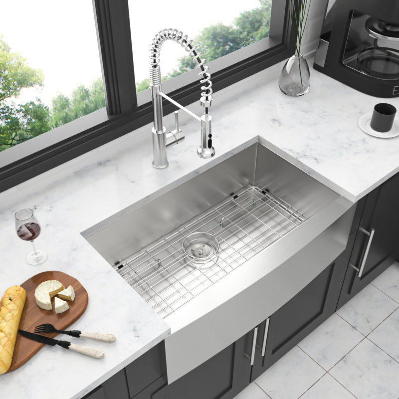 18 Gauge 36 Inch Stainless Steel Apron Front Kitchen Sink With Quiet Sound - Proofing, Condensation Coating, X Drainage For Quick Water Flow, Package Roll Up Rack, Rinse Grid, Installation