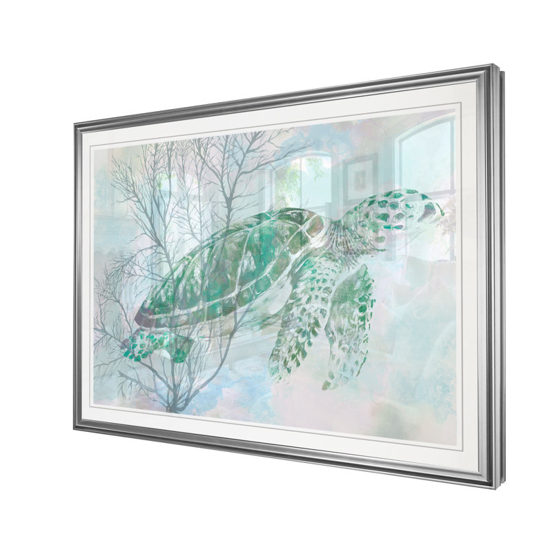 «Sea Turtle I», reproduction de peinture à l'aquarelle, H 30 po x l 45 po x 1,5 po, Cadre argenté