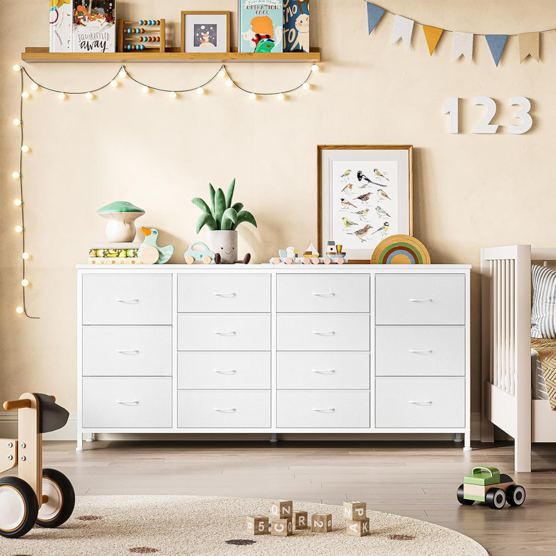 Commode à tiroirs l 63 po, commode 14 tiroirs pour chambre à coucher avec prises de courant, Blanc