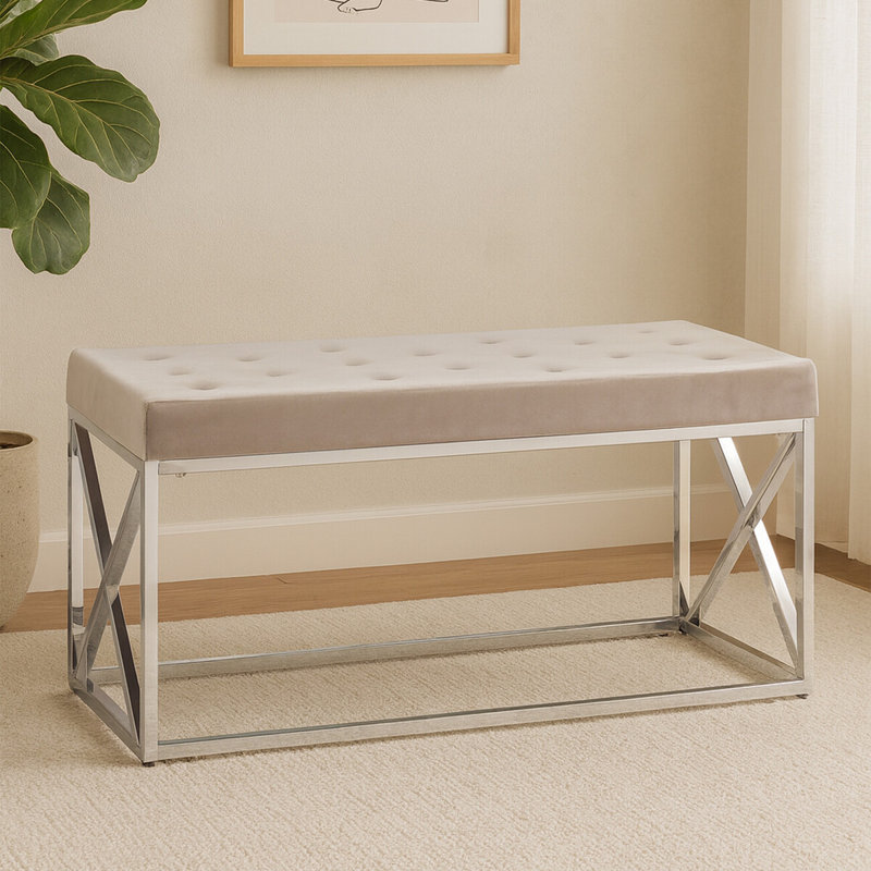 Anmol Velvet Upholstered Bench, Silver, Pink