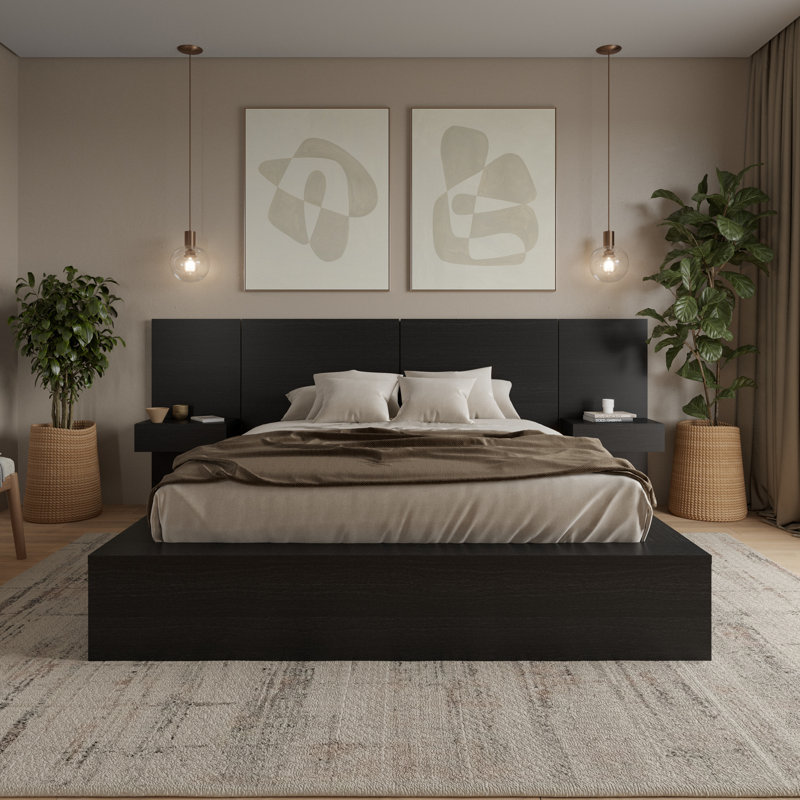 James 3 Piece Bedroom Set with Bed and 2 Floating Nightstands, Queen, Black