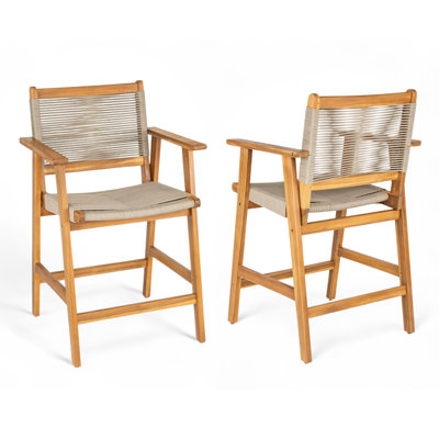 Brian Outdoor 25” Seat Height Acacia Wood Counter Stools With Woven Rope