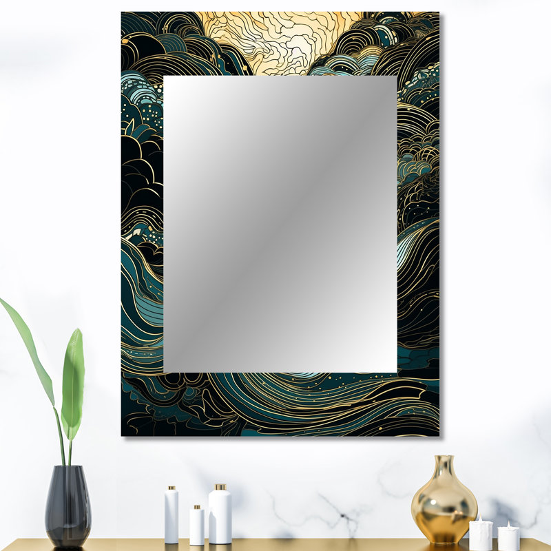 Green Linear Symphony II - Line Art Decorative Mirror, Modern Large Wall Mirror, Printed Metal Art, 40" x 30"