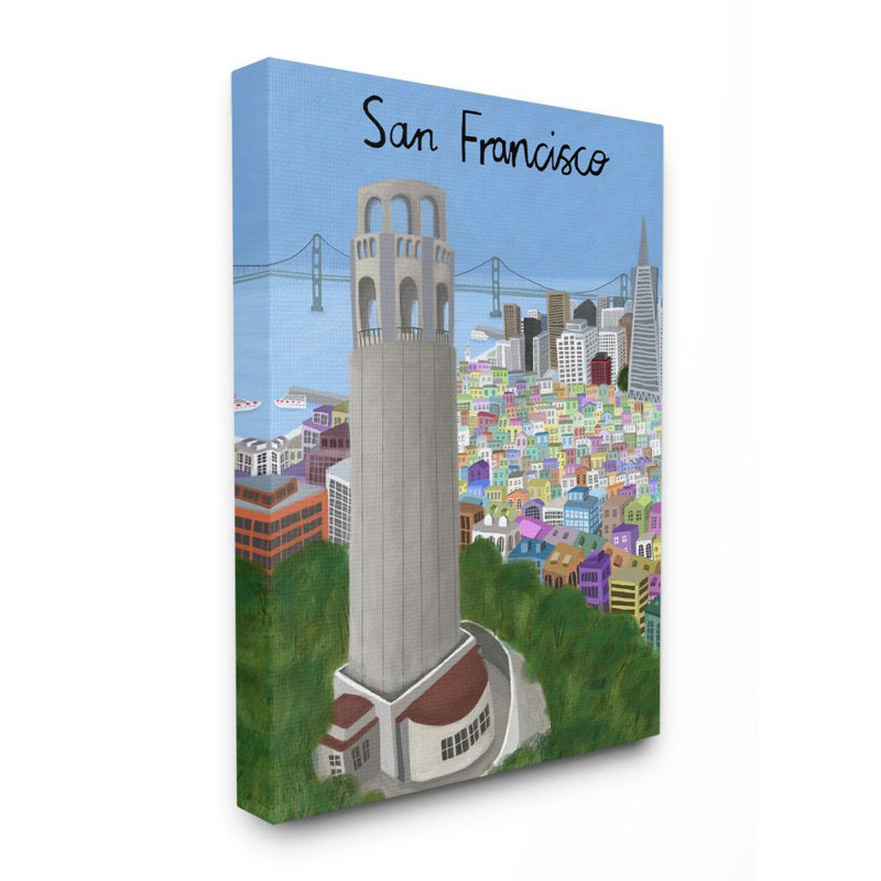 Impression d’art graphique, "San Francisco Landmark City scene" par Carla Daly, H 40 po x l 30 po, Toile tendue