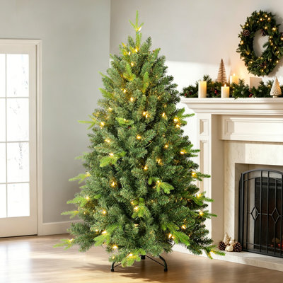 Arbre de Noël artificiel pré-éclairé avec lumières blanc chaud et embouts de branches mixtes en PVC / PE