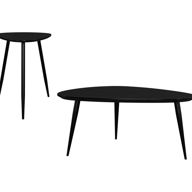Table basse et de bout noire 2 pièces avec un design triangulaire, une finition lisse, une esthétique contemporaine pour les espaces élégants en noir, des pieds en fer en bois de manguier