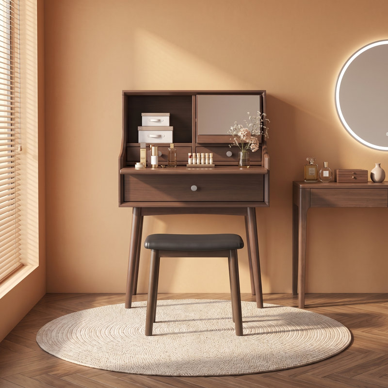Solid Wood Vanity Stool with PU Leather Seat, Makeup Bench for Bedroom & Vanity