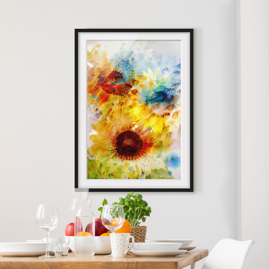 Gerahmtes Poster Watercolour Sunflowers