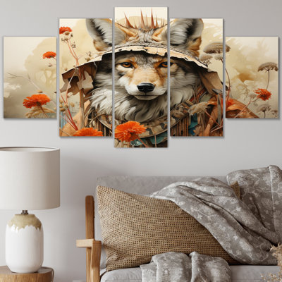 Native Art Coyotes Trickery - Native American Art Canvas Print - 5 Panels