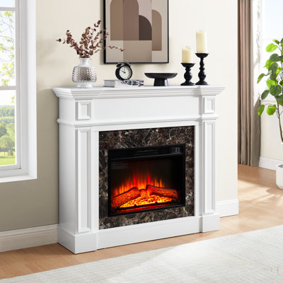 Foyer électrique blanc, l 44,78 po x P 11,8 po x P 40 po, chauffage avec flamme 3D réaliste, télécommande, température 62 - 82, 3 niveaux de flamme, réglages autoportants, contrôle