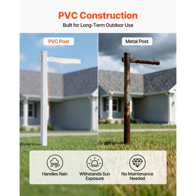Poteau pour panneau immobilier, 1,83 m de hauteur, support de panneau immobilier en PVC avec bras de 119 cm, supporte jusqu'à 91 cm, facile à installer, résistant au vent, pour jardin, route, extérieur, blanc (panneaux non inclus)