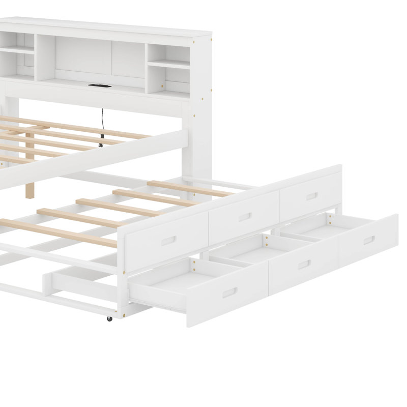 Lit plateforme double avec tête de lit, USB, lit gigogne et 3 tiroirs, Blanc