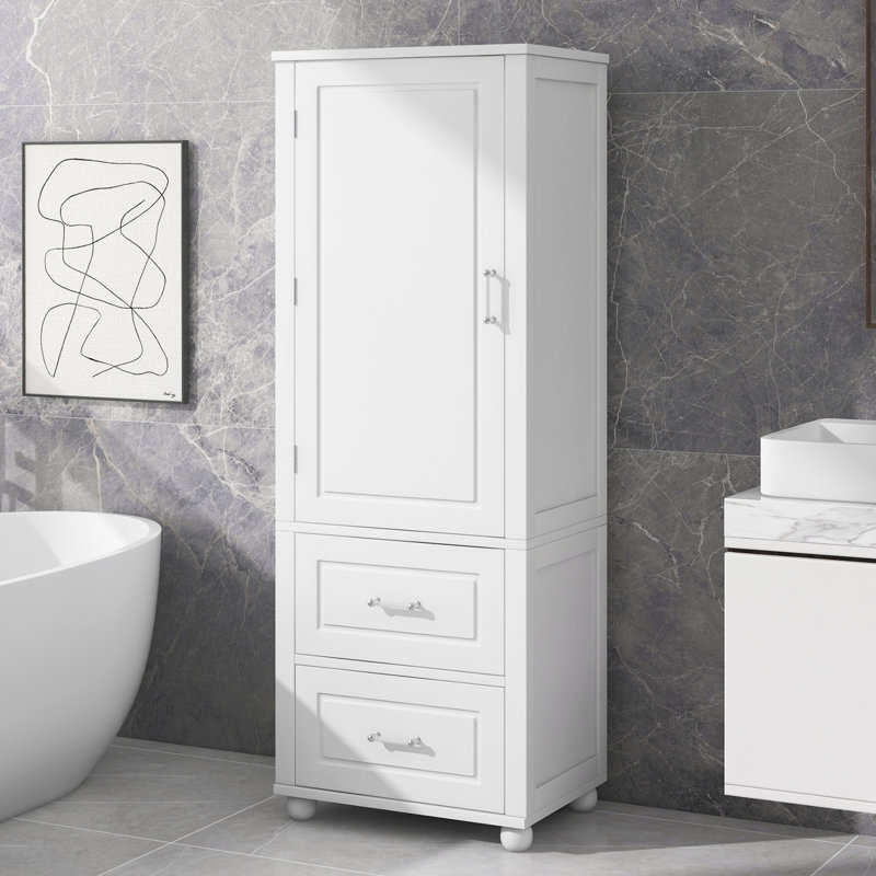 Grande armoire de rangement pour salle de bain, armoire de rangement autoportante avec deux tiroirs et tablette réglable, panneau de fibres à densité moyenne avec finition peinte
