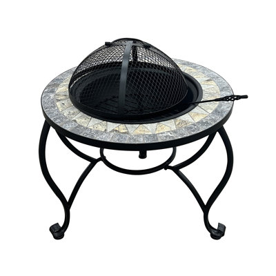 24.8"D. Round Mosaic Tile Metal Fire Pit "Grey Rocks"