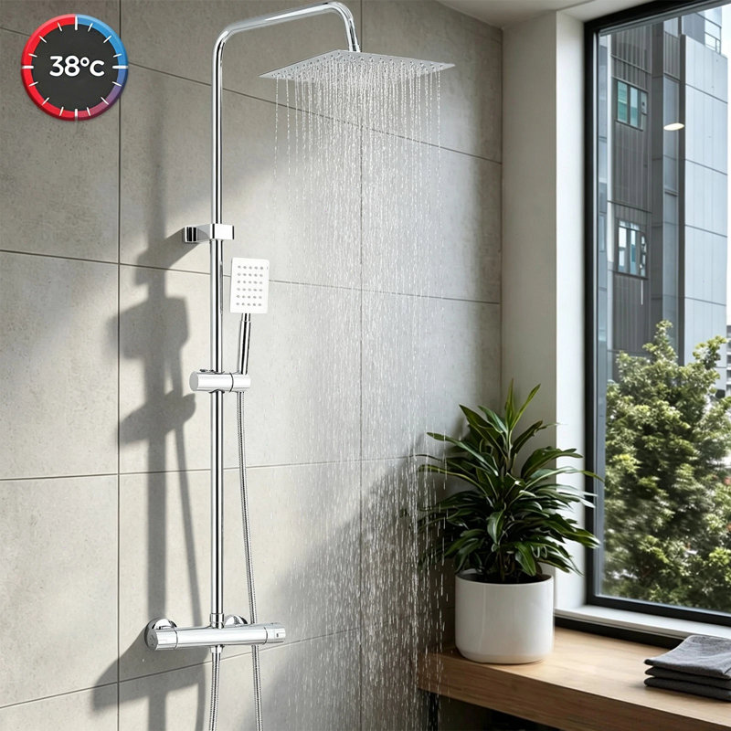 Thermostatic Exposed Shower Mixer Bathroom Twin Head Largr Bar Hand Set Chrome