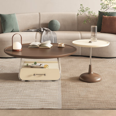 Ajanay Modern Nesting Wood Coffee Table Set with Acrylic Base, Soft-Close Drawer, Chocolate Brown & Creamy Yellow Design End Table, Stylish and Versat by Everly Quinn