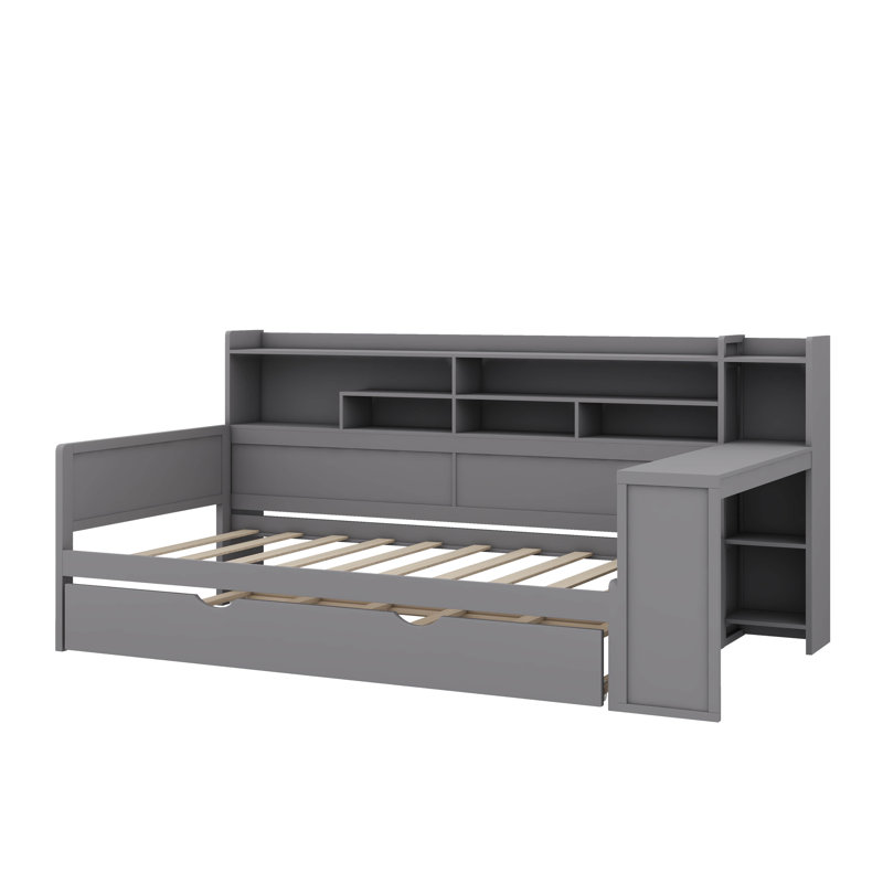 Wooden Daybed with Integrated Storage Shelves, Including a Pull-out Trundle Bed, Twin