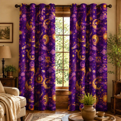 2Pcs de rideaux bloquant le soleil et les étoiles de la lune céleste, des panneaux de rideaux abstraits à motif de nébuleuse cosmique, des œillets bohémiens d'astrologie rétro pour le salon de la chambre à coucher
