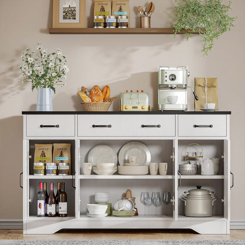 Buffet de 55 po de large avec 4 portes interchangeables et 3 tiroirs, Blanc