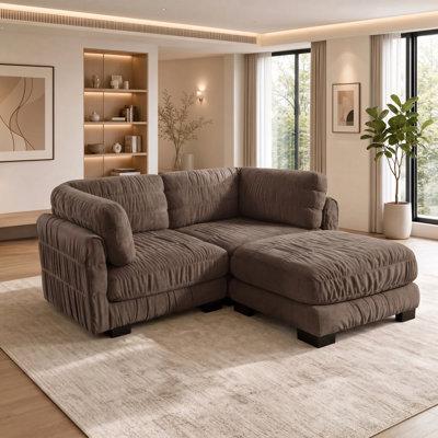 Canapé d'angle modulaire 2 places en chenille avec détails plissés, pouf amovible, mousse haute densité et coussins de dossier épais en forme de L ; convient aux salons et aux chambres