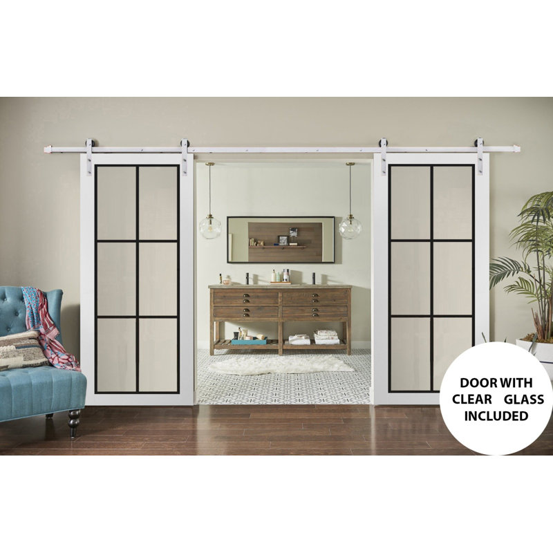 Porte de grange double robuste avec verre transparent | Lucia 2366 | Ensemble lourd de cintres en acier inoxydable 13 pi | Portes intérieures à panneau plein - Rail argenté - Verre transparent