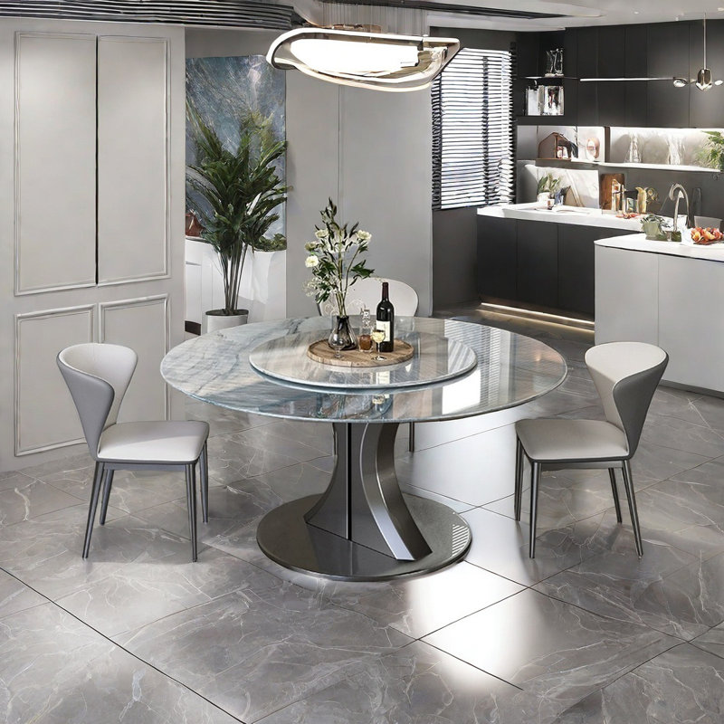Luxury Round Microlite Stone Dining Table Set, 29.5"H x 53.1"L x 53.1"W