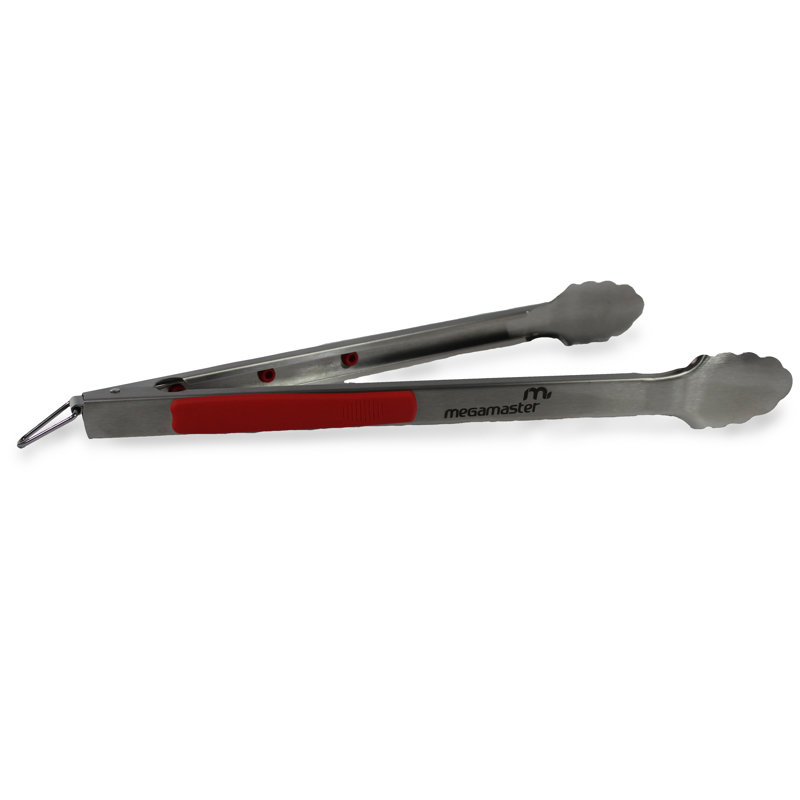 Megamaster 16" Polished Stainless Steel Grill Tongs with Red Grip
