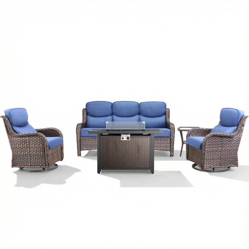 Alvina 5-Piece All Weather Outdoor Wicker Patio Conversation Set With Rectangle Metal Fire Pit Table, Swivel Gliders And Side Table