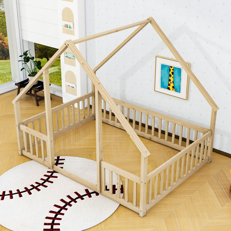 Lit de plancher en bois en forme de maison avec garde-corps, Naturel, Double