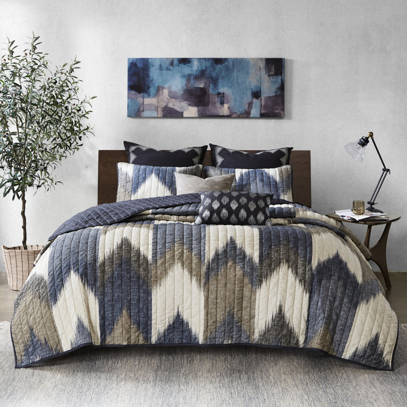 Courtepointe en coton bleu marine pleine grandeur - 3 pièces, prélavé, imprimé cassé, revers uni, literie de couchage élégante
