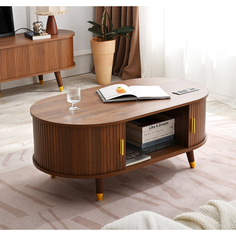 Coffee Table With Charging Station,Sliding Tambour Door & Storage, Walnut