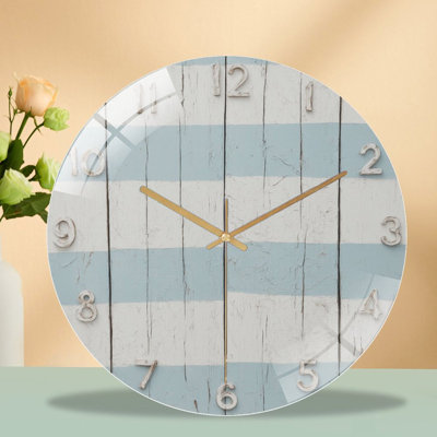 Clock Face Striped Distressed Wood Art - 12'' Modern Glass Wall Clock