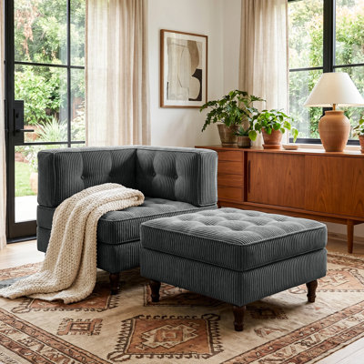 Chaise longue rembourrée capitonnée en velours côtelé avec dossier rembourré et plateau de rangement amovible