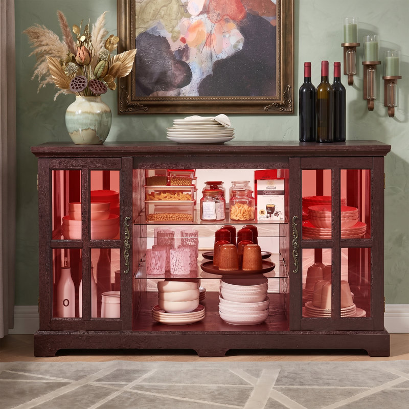 Buffet 54 "en verre avec lumières à changement de couleur, buffet bas avec miroir et tablettes en verre, Cerise foncée
