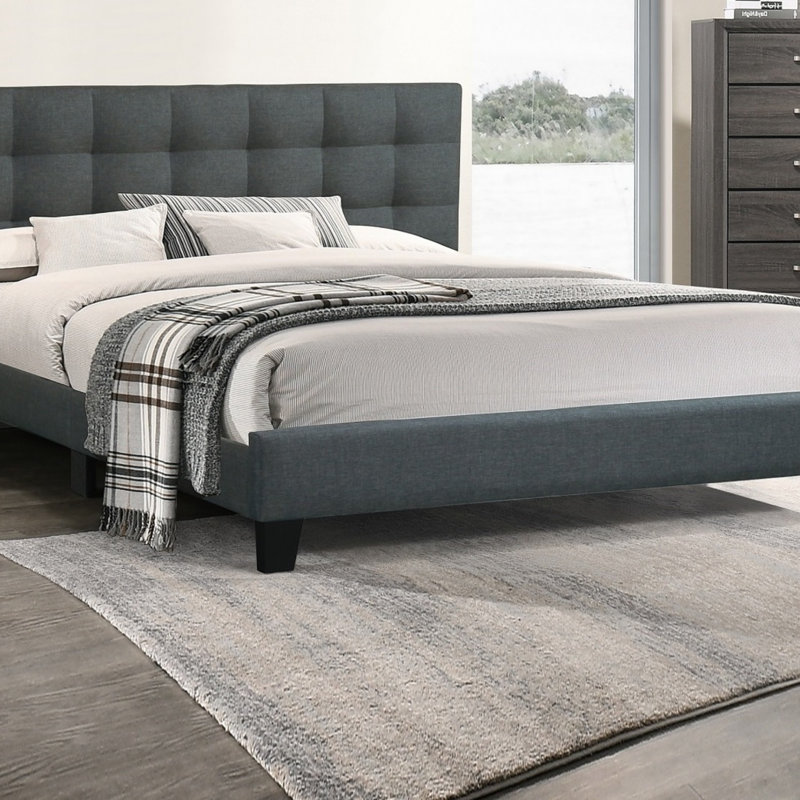 Modern 1Pc Bed Polyfiber Tufted Headboard Platform Bedframe Bedroom Furniture, Queen