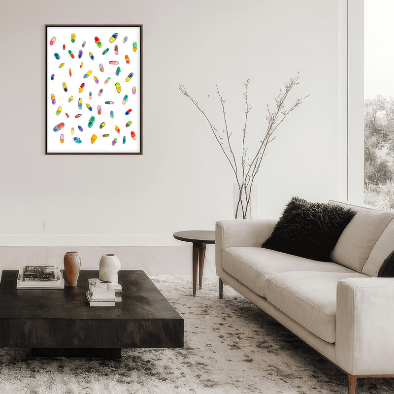 'Happy Pills' Framed Print Wall Art, 16" H x 12" W x 2.375" D, Framed Canvas, Brown
