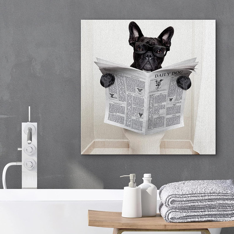 Animaux, mignon, bouledogue français lisant le journal sur la toilette, décoration sur toile, art mural