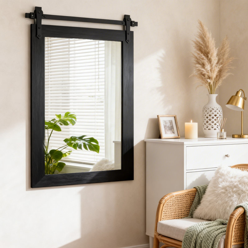 Rustic Farmhouse Solid Wood Accent Mirror Decorative Mirror Rectangle Bathroom Mirror Barn Wall Mirror, Black, 39.2" x 25.8"