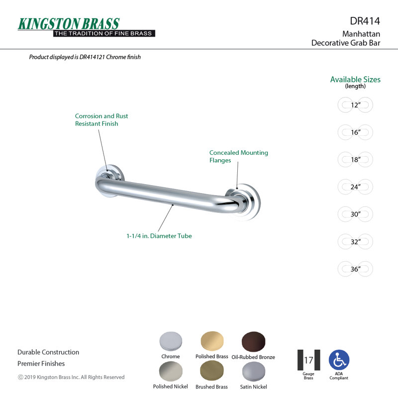 Kingston Brass Restoration 1-1/4 Inch O.D Grab Bar, Polished Nickel, 2.81" H x 18.81" W x 2.75" D