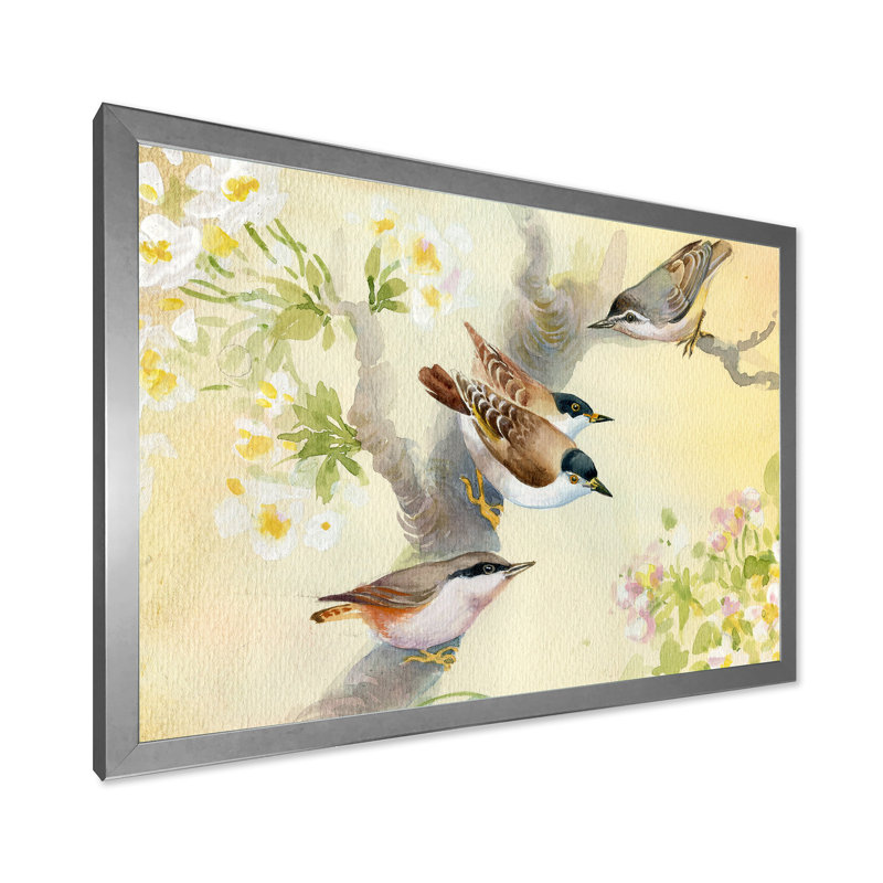 Oiseaux sur un pommier en fleurs - Peinture sur toile, H 12 po x l 20 po x p 1 po, Cadre photo argenté