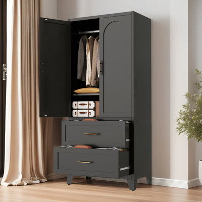 Armoire-penderie de 71 po de hauteur avec 2 tiroirs et une tringle, 2 garde-robes avec tablette pour la chambre à coucher, le bureau, la salle de lavage, le vestibule, le vestibule, la maison d'amis (noir)