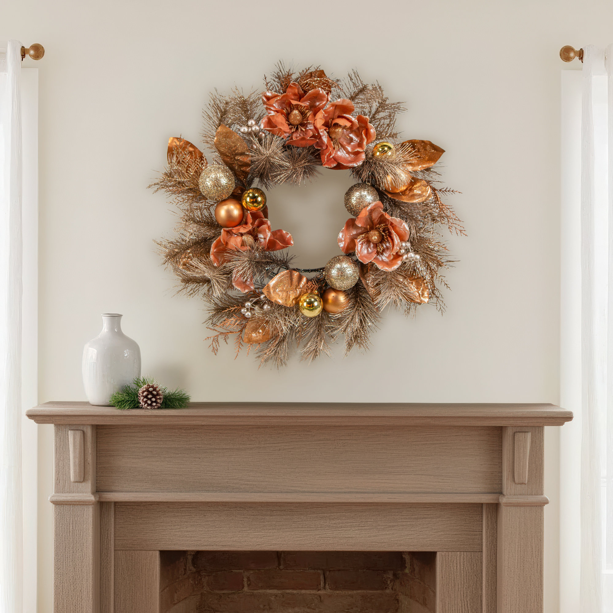 24 In. Champange Gold And Rose Gold Mangolia Wreath