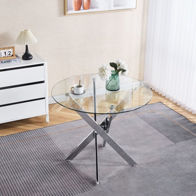 Table de salon contemporaine avec surface en verre trempé et pieds de salle à manger en métal