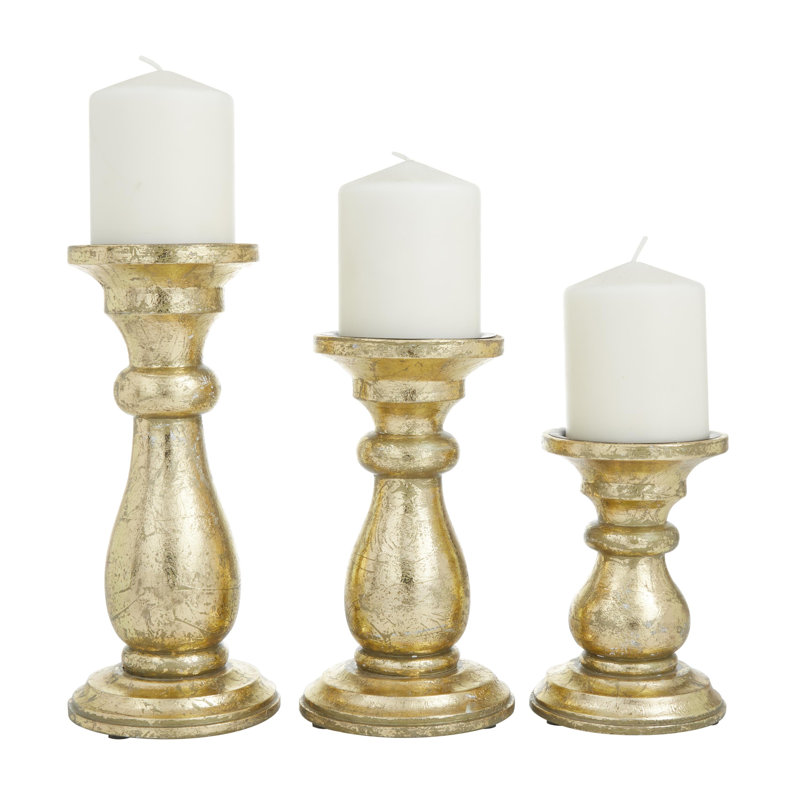 Mango Wood Turned Style Pillar Decorative Candle Holder Set, Gold