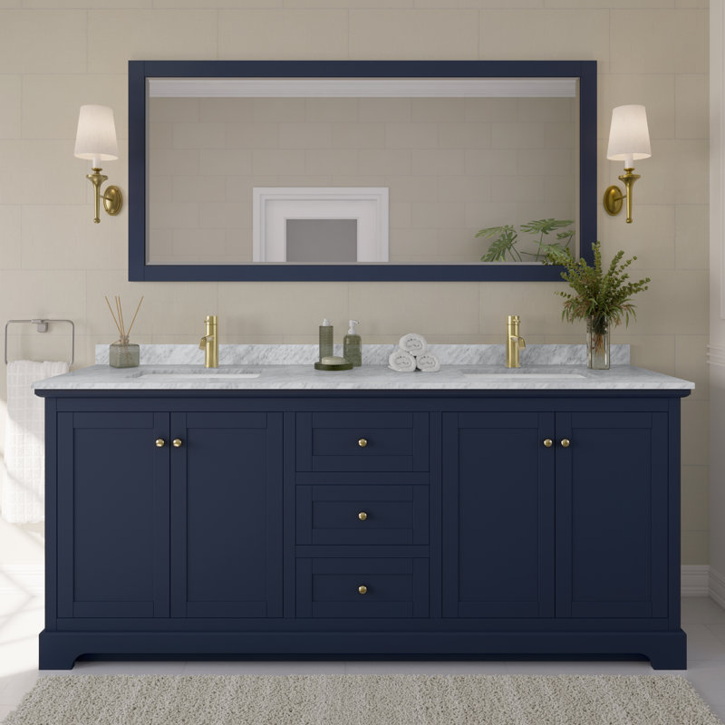 Avery 80'' Double Bathroom Vanity with Stone Top, Dark Blue, Brushed Gold