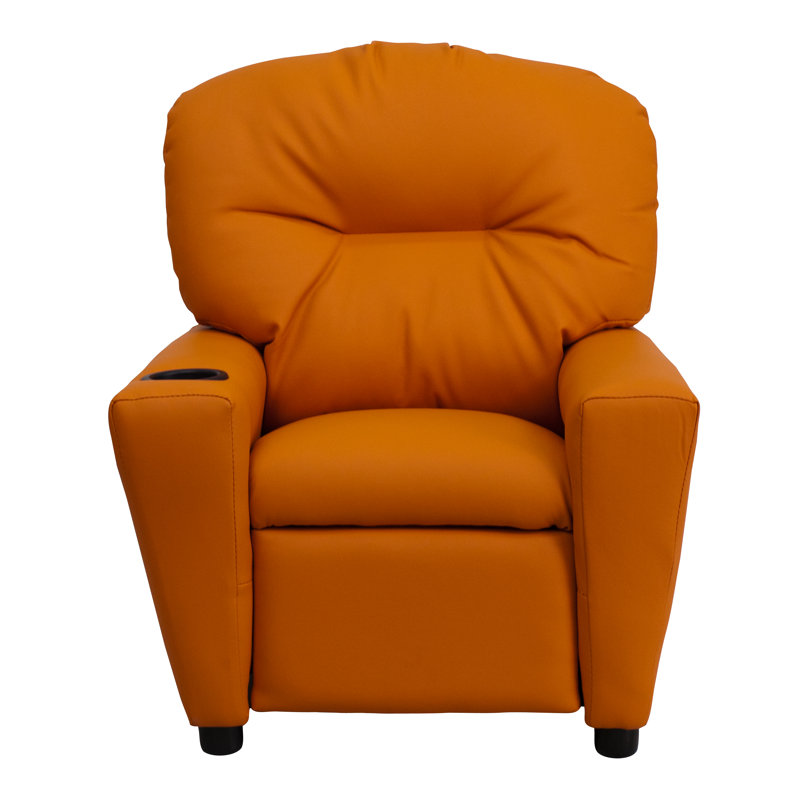 Contemporary Kids Recliner with Cup Holder, Vinyl - Orange