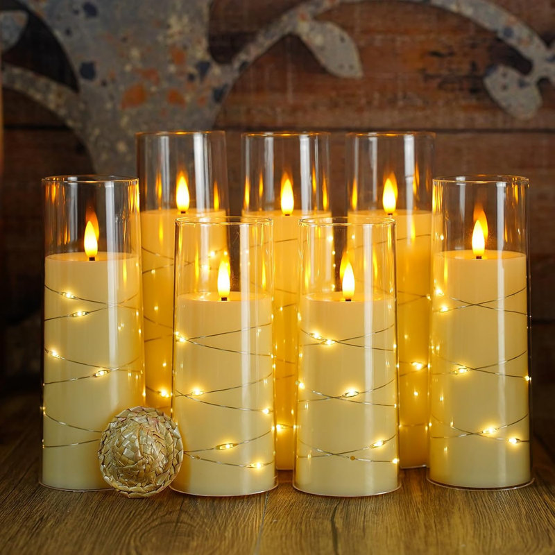 Flameless Candles With Embedded Star String, Battery Operated LED Pillar Candles With Timer And Remote Control,Home Decorating For Ambiance, Set Of 7 (D 2.3"×H 5" 5" 6" 6" 7" 7" 7")(Gold)