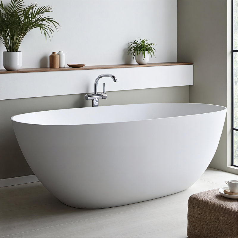 65" Freestanding Solid Surface Bathtub With Pop-Up Drainage And Overflow, Matte White