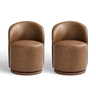 Upholstered Modern Brown Faux Leather Barrel Swivel Side Dining Chair (Set of 2)