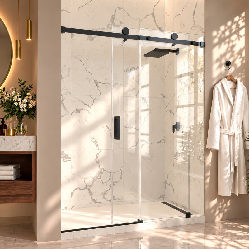 Porte de douche coulissante sans cadre Serenity 62"-66" L x 76" H avec verre clair de 3/8" (10 mm) en noir mat, Noir mat